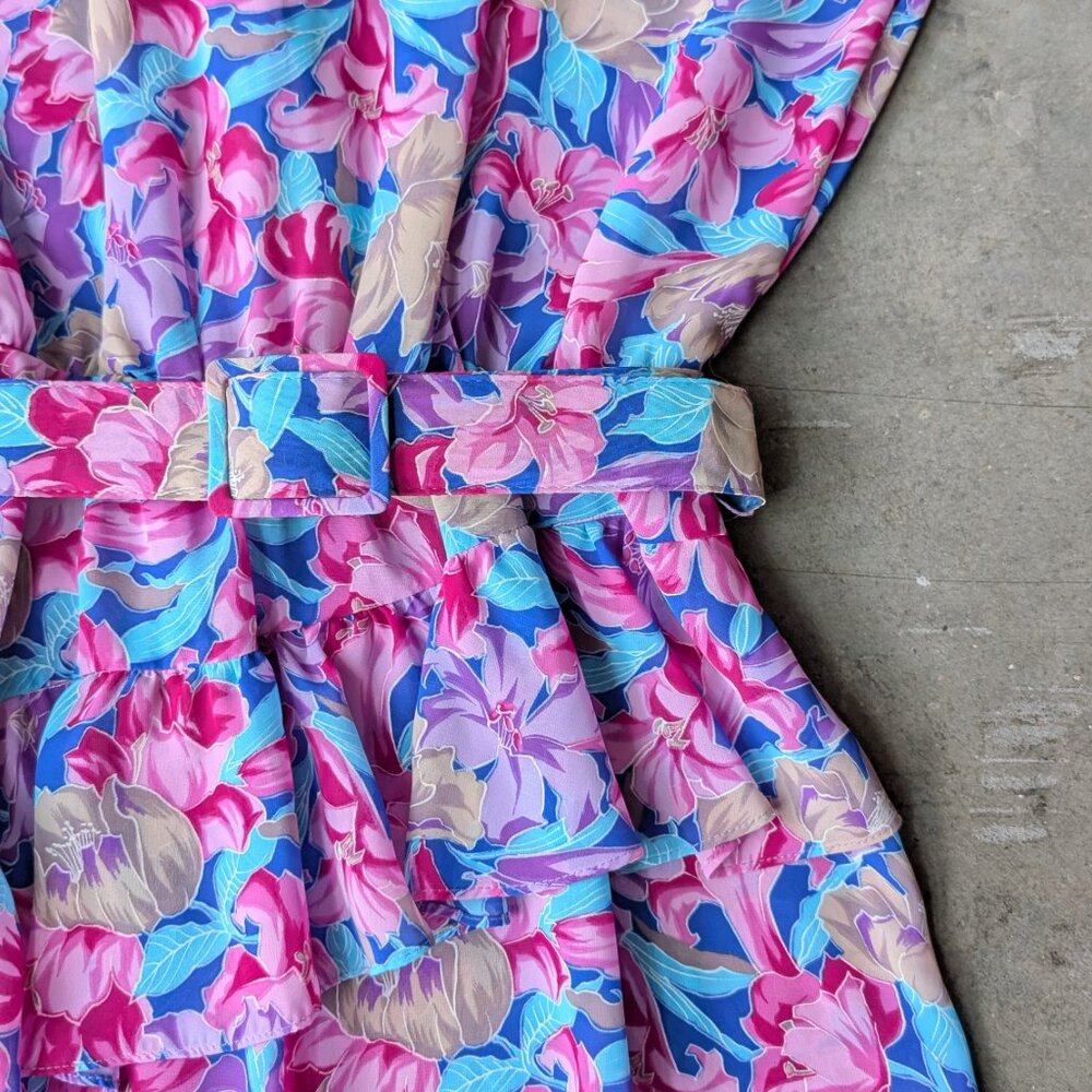 Vintage Cora's Closet Pink Blue Hawaiian Floral Belted Sleeveless Dress - Picture 5 of 8